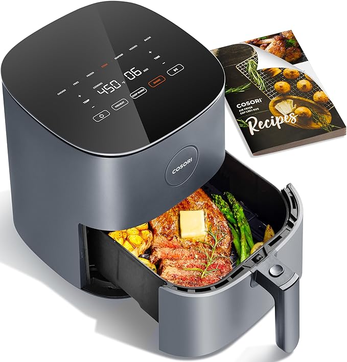 COSORI Pro LE 5.0-Quart Air Fryer

The high max temperature of 450°F lets you cook meals up to 50% faster than Oven. Patented Air Whisper® Technology keeps noise levels under 55dB for no disruption during dinner table conversation.

Specifications:

Temp Range: 170°F–450°F

Time Range: 0-60 min

Product Dimensions (including handle): 14.4''D x 10.8''W x 12.1''H (Leave 13 cm / 5 inches of space behind and above the air fryer. Leave enough room to open the door )

Product Dimensions (not including handle): 11.7''D x 10.8''W x 12.1''H

Basket Usable Space with Crisper Plate: 8.58''D × 8.62''W × 3.74''H

Basket Usable Space without Crisper Plate: 8.58''D × 8.62''W × 4.31''H

Power Supply: AC 120V, 60Hz

Before Use (read carefully)

Please complete the following steps in a ventilated environment before use. This will ensure your air fryer lasts longer and eliminates potential odors from the manufacturing process.

1. Clean and dry: Take out the frying basket and clean it with a damp cloth or sponge dipped in dish soap and water. NOTE: Do not use any metal kitchen utensils or abrasive cleaning materials as this may damage the unit.

2. Test run: Run at 450°F for 30 minutes without any food in it.

3. Wait for cooling: Wait for the air fryer to cool down completely.

4. Clean and dry again: Repeat step one.